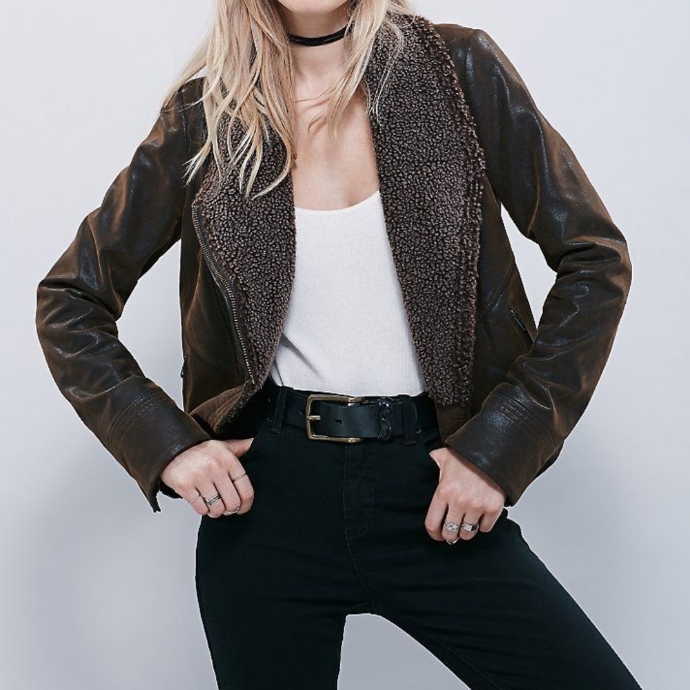 Free People Brown Faux Suede Sherpa Jacket
